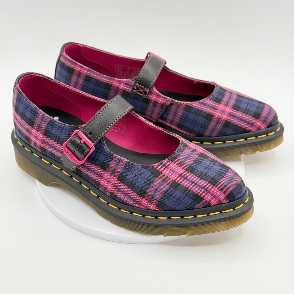 Dr Martens Elphie Mary Jane Shoes Size 6 Womens Black/Pink Tartan Plaid NEW